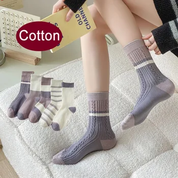 5 пар женских фиолетовых хлопчатобумажных носков 2023 New Kawaii в полоску Four Seasons Calcetines, Мягкие дышащие Женские носки средней длины Harajuku