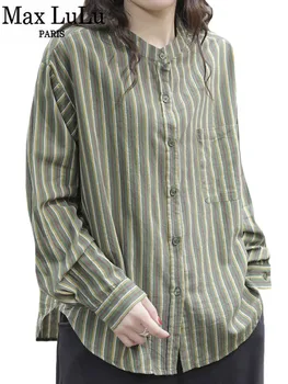 Max LuLu Женщины 2023 Весна Корейский Стиль Классические Полосатые Хлопчатобумажные Рубашки Роскошные Женские Винтажные Свободные Топы Для Отдыха Блузки Harajuku