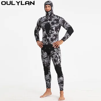 Oulylan 5 мм неопреновый камуфляжный гидрокостюм с длинным рукавом и капюшоном, 2 предмета, мужской костюм для подводного плавания, сохраняющий тепло, гидрокостюм