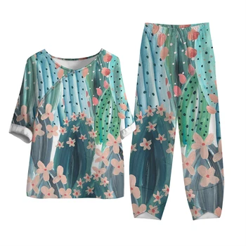 Бутик-брюки с короткими рукавами с цветочным принтом, дышащая и впитывающая пот новая рубашка на пуговицах в стиле ретро для средних лет, из 2 предметов