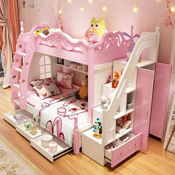 Двухъярусная Кровать Девушка Принцесса Замок Высокая Низкая Розовая Универсальная Лестница Место Для Хранения Девочек С Мультяшной Подсветкой Enfant Мебель Для Спальни GY50CB