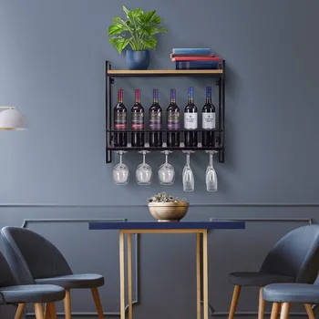 Двухъярусный деревянный винный стеллаж для вина, устанавливаемый на стену ， Винные стеллажи с держателями для бокалов на 5 ножках