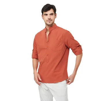 Дизайнерские рубашки из 100 хлопка с воротником-стойкой для мужчин, повседневная легкая мужская рубашка с длинным рукавом, приталенная пляжная гавайская рубашка