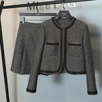 Европейский стиль, осенне-зимний комплект из 2 предметов, женская короткая шерстяная твидовая куртка, пальто и облегающая мини-юбка, женская одежда из двух частей