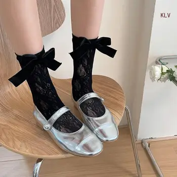 Женские носки с бантом, кружевные носки для девочек во французском стиле, дышащие носки до середины икры, трендовые повседневные носки, Носки на лето
