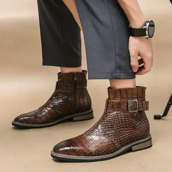 Зимние плюшевые теплые мужские модельные ботинки коричневого цвета в британском стиле, официальная обувь с острым носком, мужская кожаная обувь с высоким берцем на молнии, Botas Para Hombre