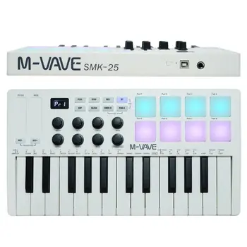 Контроллер USB MIDI-клавиатуры M-VAVE с 25 клавишами, 8 барабанными пэдами RGB, 8 Ручками беспроводного подключения и воспроизведением музыки, программное обеспечение входит в комплект поставки