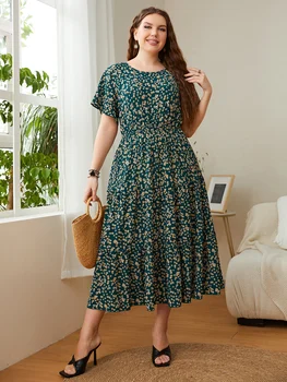 Модная женская одежда большого размера, летние платья Миди с круглым вырезом и цветочным принтом, городские элегантные повседневные женские длинные платья большого размера