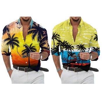 Мужская пляжная футболка, кардиган с длинным рукавом, топы с лацканами, модная повседневная дышащая рубашка с 3D кокосовым принтом