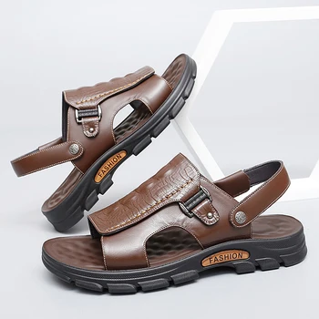 Мужские летние повседневные сандалии, модная дышащая пляжная обувь, тапочки, уличная противоскользящая обувь из крокодиловой кожи двойного ношения