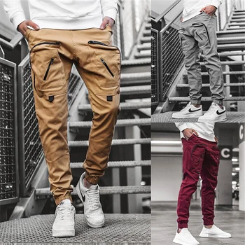 Мужские облегающие спортивные брюки-карго, модные мужские брюки в стиле милитари, повседневные рабочие спортивные брюки с множеством карманов