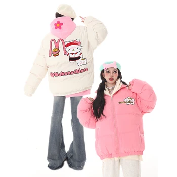 Мультфильм Sanrio Hello Kitty Свободная Теплая хлопчатобумажная одежда Женская Зимняя утепленная одежда с вышивкой Дофаминовая девушка Тренд Модное студенческое пальто