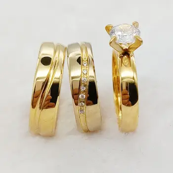 Набор обручальных колец, блестящие женские кольца для влюбленных из 3шт, 24-каратное позолоченное Парное кольцо на палец, ювелирные изделия, женская бижутерия