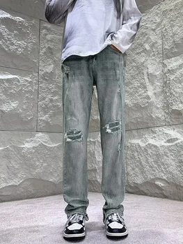 Новые осенне-зимние джинсовые брюки с прямыми отверстиями до колена на молнии, модные повседневные мужские джинсы для хай-стрит