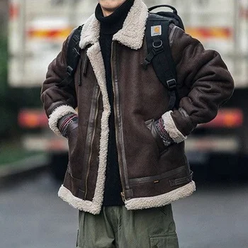 Осенне-зимняя мотоциклетная куртка из композитной ткани, американская имитация замши, плюшевые пальто, мужская кофейная теплая ветрозащитная Винтажная верхняя одежда
