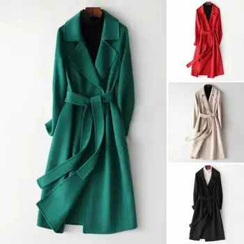 Пальто с длинным рукавом и отворотом Шикарные женские шерстяные пальто приталенного покроя Пальто с отворотом и поясом Элегантная корейская модная куртка на осень