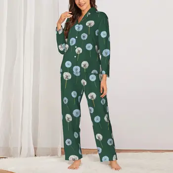 Пижамные комплекты с одуванчиками Белый Зеленый Романтические пижамы Женские с длинными рукавами Свободные Пижамы для спальни из 2 предметов Большого размера