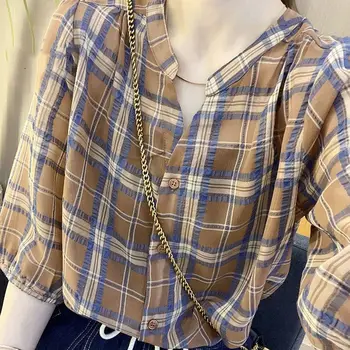 Повседневная однобортная рубашка в модную клетку 2023, Летняя Корейская женская одежда с коротким рукавом и принтом, свободная блузка с V-образным вырезом для поездок на работу