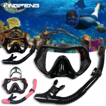 Противотуманные закаленные стекла, панорамные очки для плавания с широким обзором, маска для носа, трубка, профессиональное снаряжение для подводного плавания для взрослых