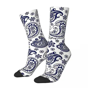 Ретро сине-белые винтажные мужские носки с рисунком Пейсли в стиле унисекс в стиле хип-хоп с принтом Happy Crew в подарок