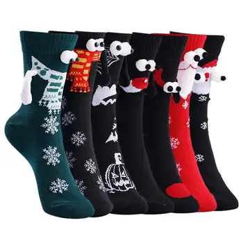 Рождественские носки с магнитным всасыванием, Держащиеся за руки, Черные, Белые, Унисекс, Держащиеся за руки, Длинные носки для девочек, Харадзюку, Милая пара, Хлопчатобумажные носки