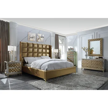 Роскошный итальянский спальный гарнитур из антикварного золота с зеркальной отделкой, двуспальная кровать King Size из натуральной кожи для вилл и отелей