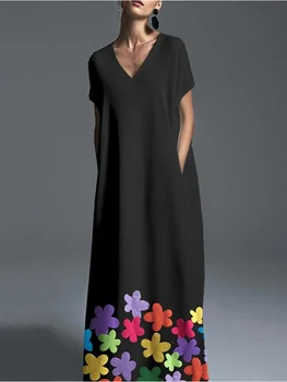 Элегантное женское платье с однотонным принтом, V-образным вырезом, коротким рукавом, Свободное модное платье Макси, женский повседневный халат, лето