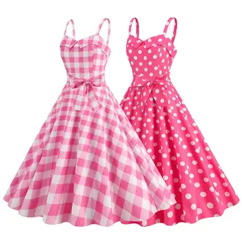 Элегантное розовое летнее платье в клетку Movie Barbi Розовое платье для женщин, платья принцессы Робби на шнуровке
